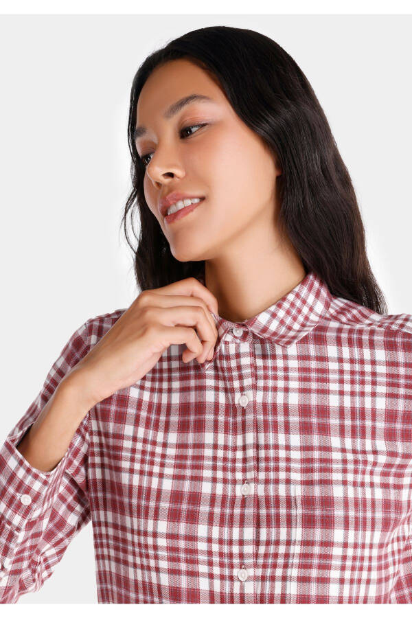 Women's plaid, burgundy, long-sleeved, regular fit shirt. - 4