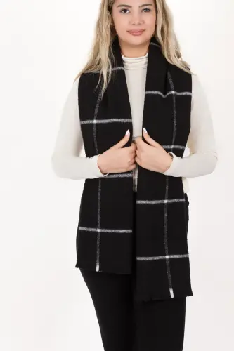Women's Plaid Cotton Woven Shawl Scarf 70*190 - BLACK SINGLE STRIPE - 1