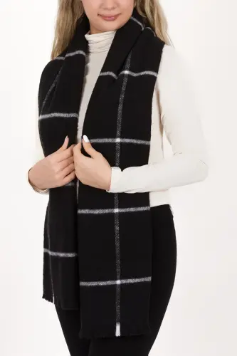 Women's Plaid Cotton Woven Shawl Scarf 70*190 - BLACK SINGLE STRIPE - 3