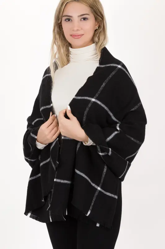 Women's Plaid Cotton Woven Shawl Scarf 70*190 - BLACK SINGLE STRIPE - 5