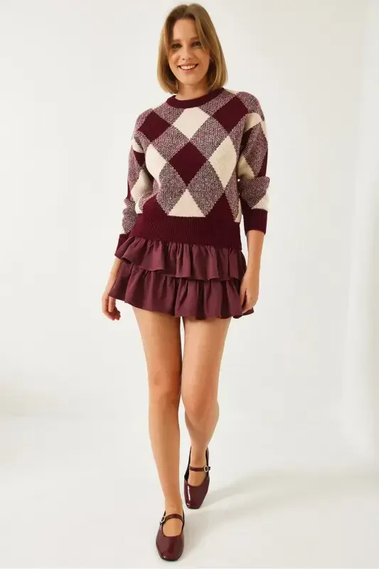 Women's Plaid Knit Sweater-Burgundy - 3