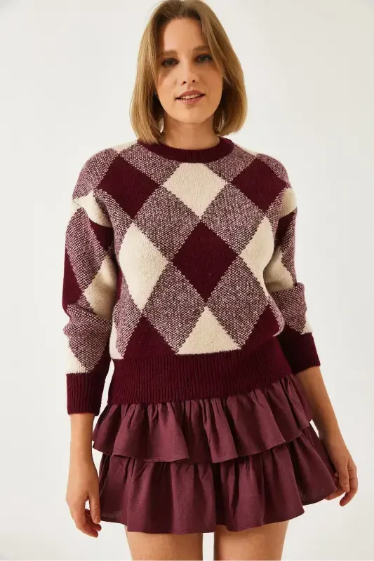 Women's Plaid Knit Sweater-Burgundy - 4