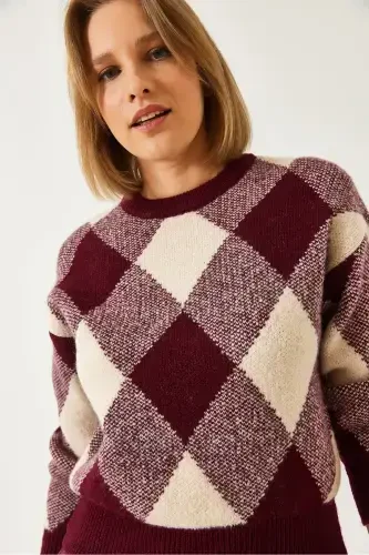 Women's Plaid Knit Sweater-Burgundy - 5