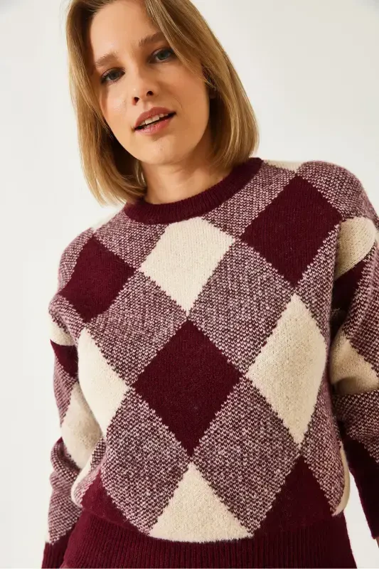 Women's Plaid Knit Sweater-Burgundy - 5