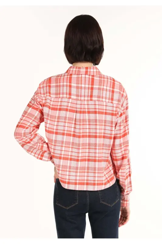 Women's plaid, orange, long sleeve, crop top, regular fit shirt - 2