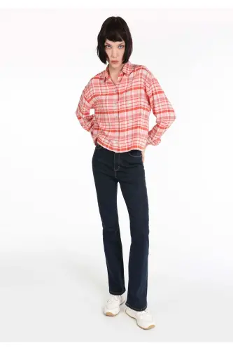 Women's plaid, orange, long sleeve, crop top, regular fit shirt - 3