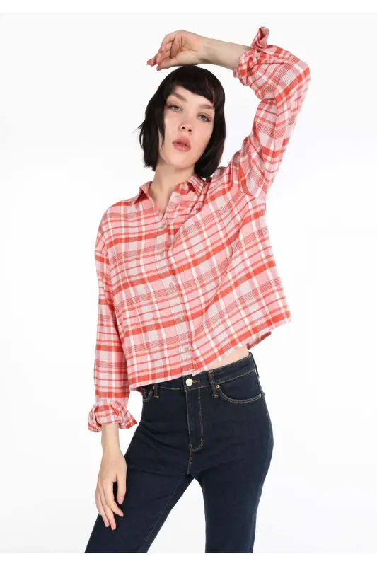 Women's plaid, orange, long sleeve, crop top, regular fit shirt - COLIN'S