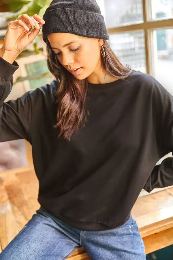 Women's Plain Black Basic Soft Textured Loose Sweatshirt SWT-19000457 - 2