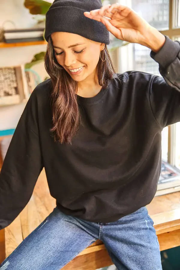 Women's Plain Black Basic Soft Textured Loose Sweatshirt SWT-19000457 - 3