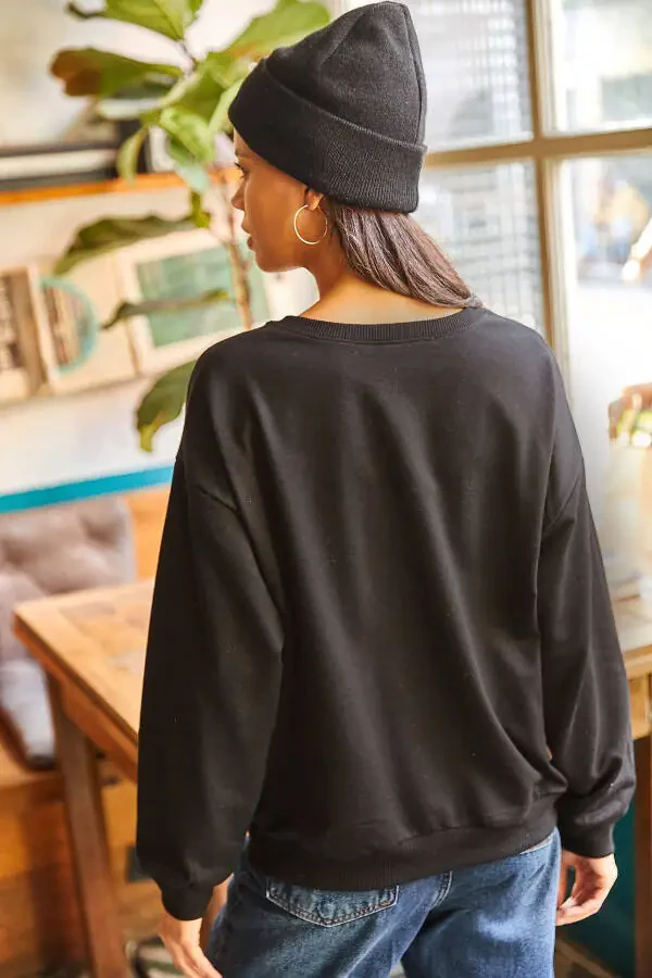 Women's Plain Black Basic Soft Textured Loose Sweatshirt SWT-19000457 - 4