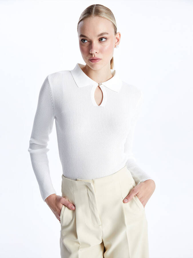 Women's Plain Long Sleeve Polo Neck Knit Sweater - 1