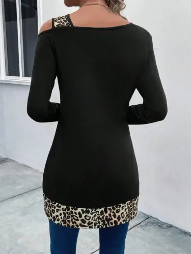 Women's Plain Open Strappy Long Sleeved Leopard Detailed Viscose Blouse - 4