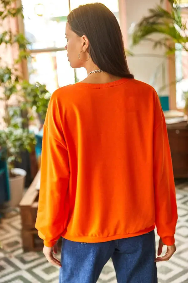 Women's Plain Orange Basic Soft Textured Loose Sweatshirt SWT-19000457 - 6