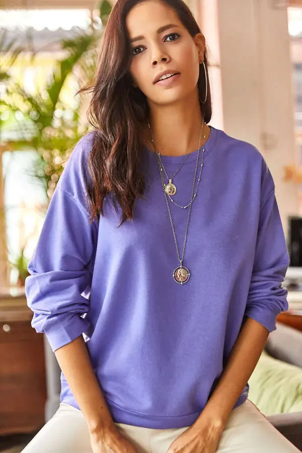 Women's Plain Purple Basic Sweatshirt SWT-19000457 - 1