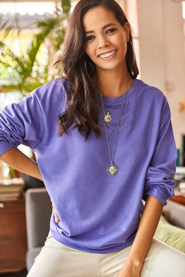 Women's Plain Purple Basic Sweatshirt SWT-19000457 - 3