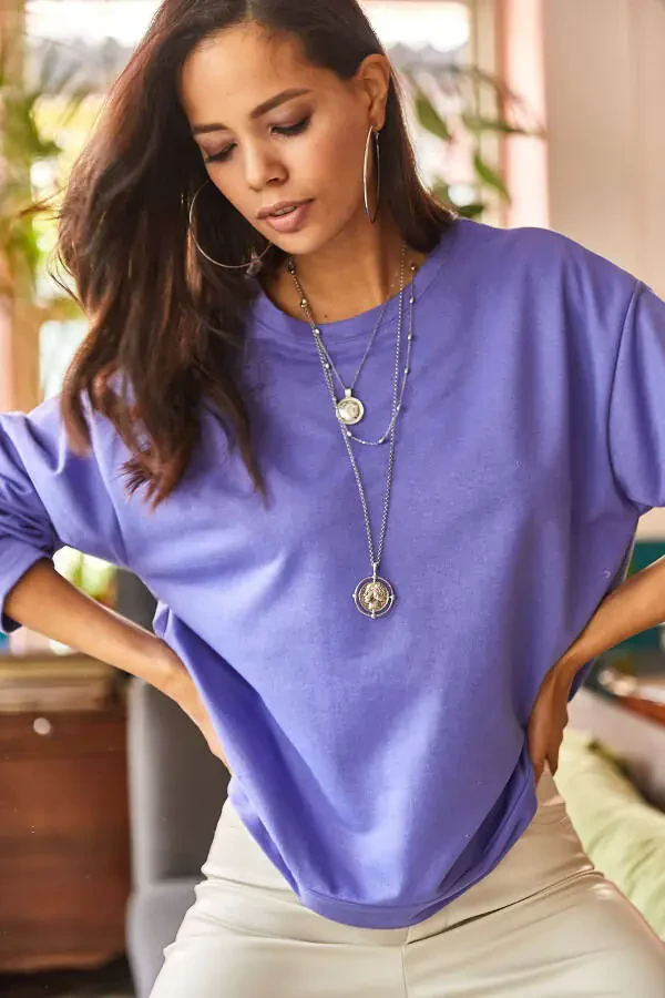 Women's Plain Purple Basic Sweatshirt SWT-19000457 - 4