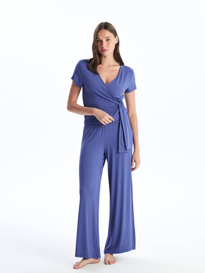 Women's Plain Short Sleeve V-Neck Pajama Set - 11