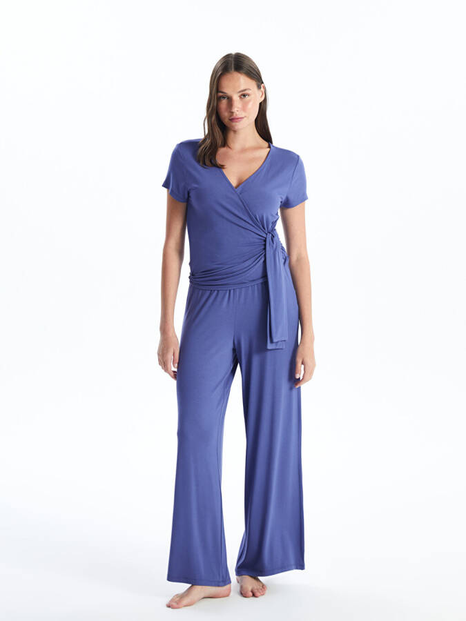 Women's Plain Short Sleeve V-Neck Pajama Set - 12