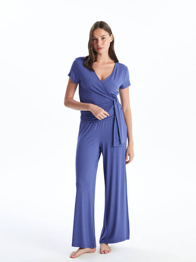 Women's Plain Short Sleeve V-Neck Pajama Set - 1