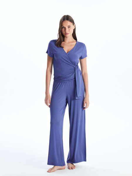 Women's Plain Short Sleeve V-Neck Pajama Set - 2