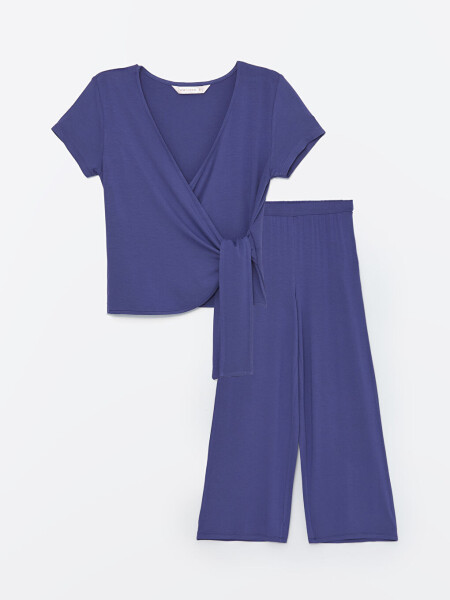 Women's Plain Short Sleeve V-Neck Pajama Set - 6