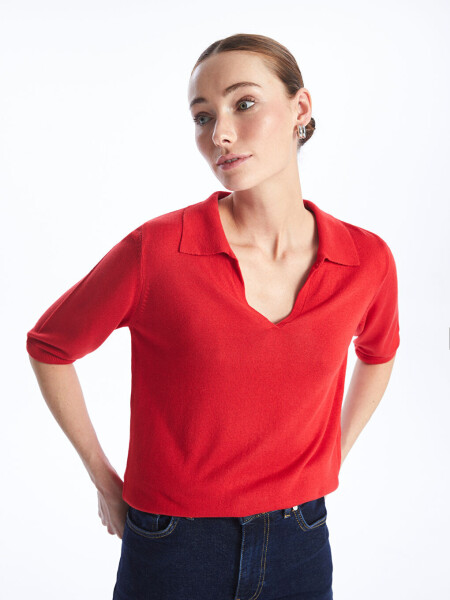 Women's Plain Short-Sleeved Polo Knit Sweater - 8