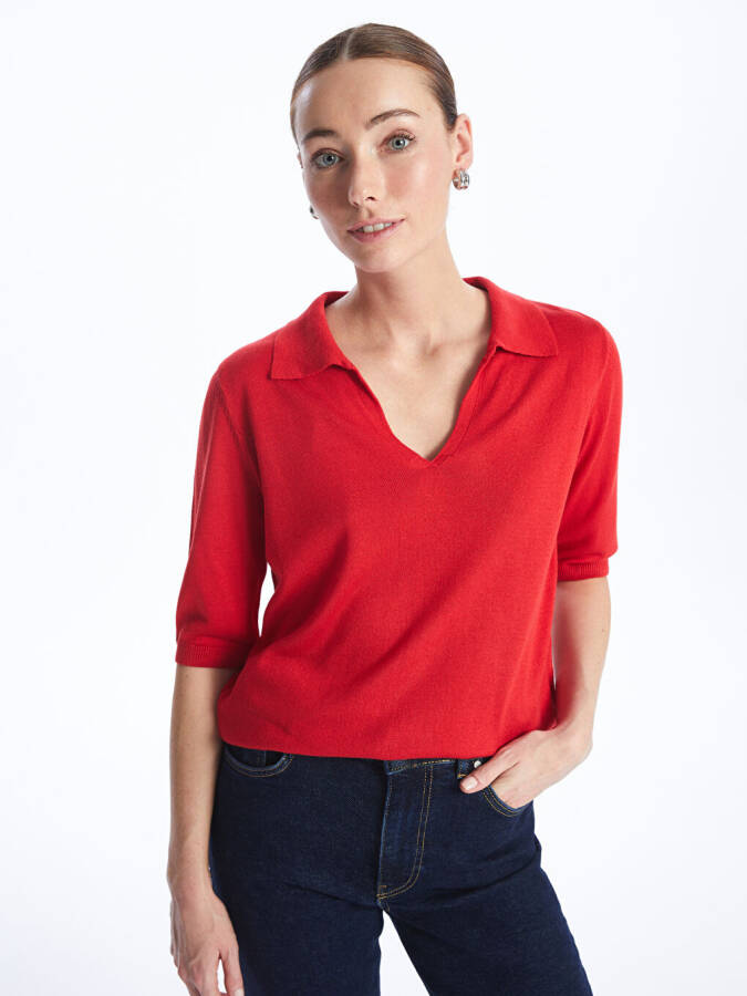 Women's Plain Short-Sleeved Polo Knit Sweater - 9