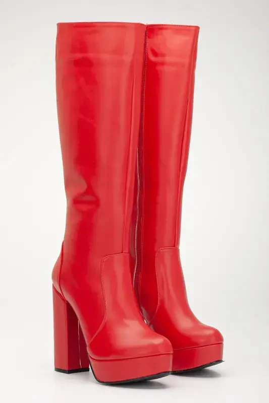 Women's Platform Knee High Boot Red-red leather - 3