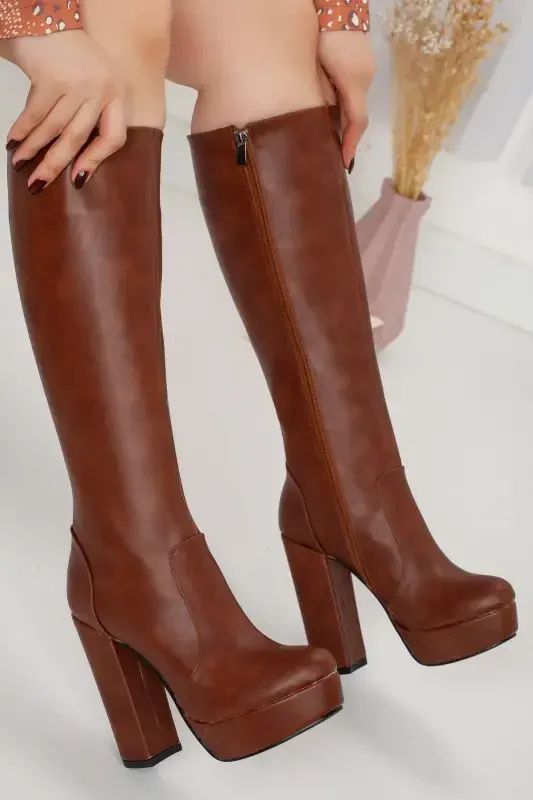 Women's Platform Knee High Boot Tan-tan leather - LİLLA