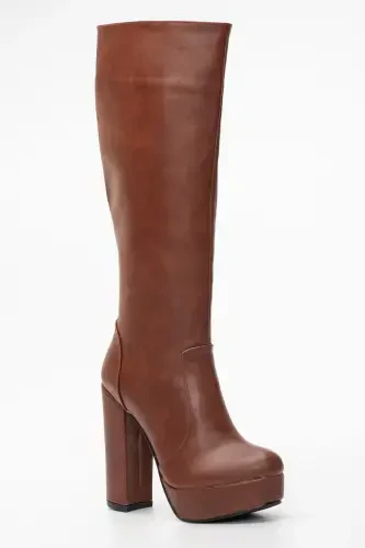 Women's Platform Knee High Boot Tan-tan leather - 3