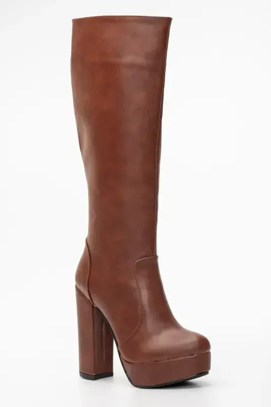 Women's Platform Knee High Boot Tan-tan leather - 3