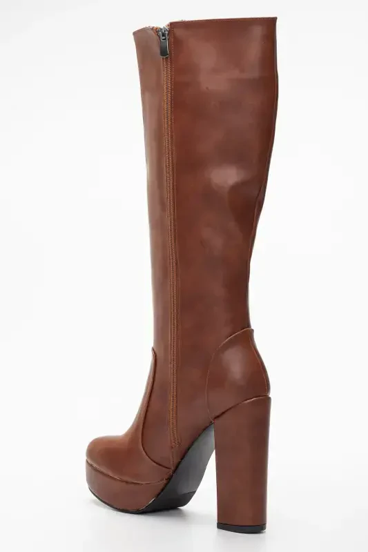 Women's Platform Knee High Boot Tan-tan leather - 4
