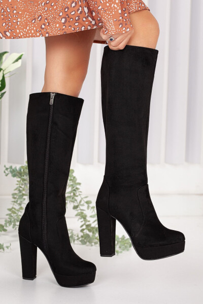 Women's Platform Knee-High Boots Black Suede - 2