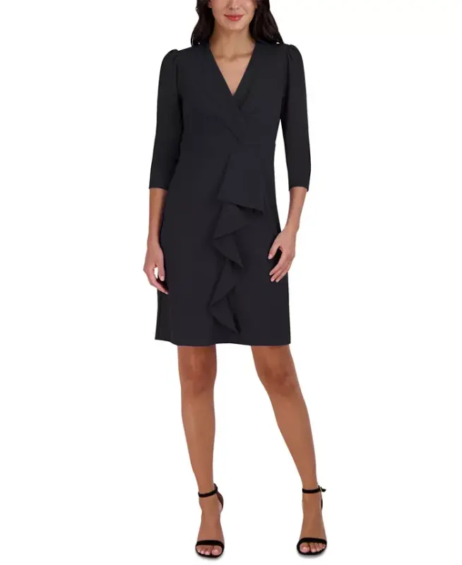 Women's Pleated Ruffled-Front Sheath Dress-Black - 1