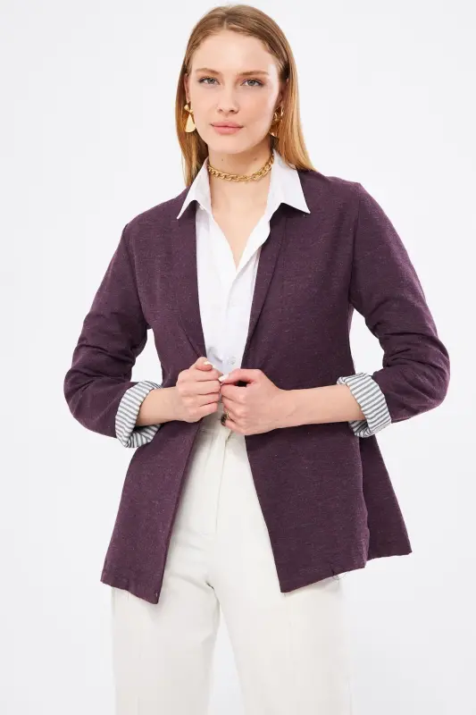 Women's Plum Arm Striped Single Buttoned Jacket ARM-22K001122-Plum - ARMONIKA