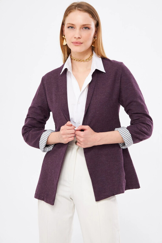 Women's Plum Arm Striped Single Buttoned Jacket ARM-22K001122-Plum - 1