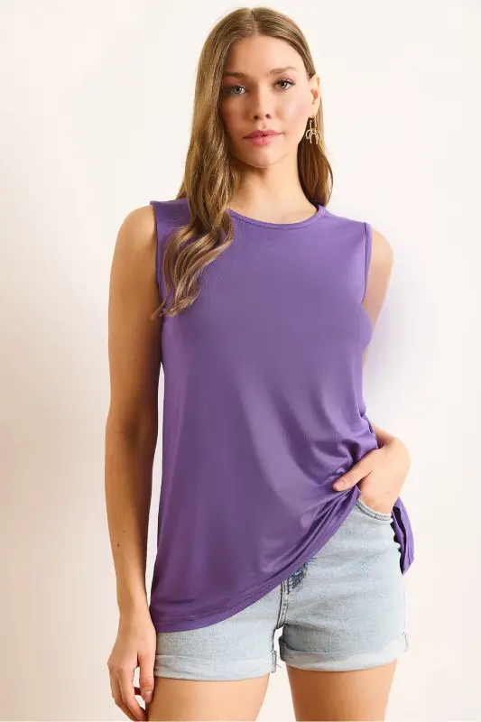 Women's Plum Bicycle Collar Long Sleeveless Knitted Viscose Blouse BLZ-19002934-Plum - OLALOOK