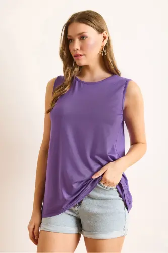 Women's Plum Bicycle Collar Long Sleeveless Knitted Viscose Blouse BLZ-19002934-Plum - 3