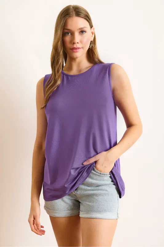 Women's Plum Bicycle Collar Long Sleeveless Knitted Viscose Blouse BLZ-19002934-Plum - 4