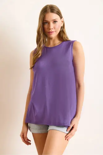 Women's Plum Bicycle Collar Long Sleeveless Knitted Viscose Blouse BLZ-19002934-Plum - 6