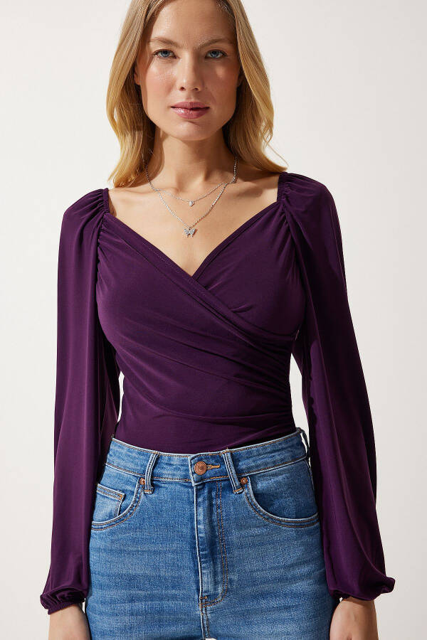 Women's Plum Elastic Balloon Sleeve Sandy Knitted Blouse F - 3
