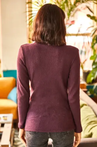 Women's Plum Fisherman's Collar Brushed Ribbed Knit Sweater KZK-19000395-Plum - 5