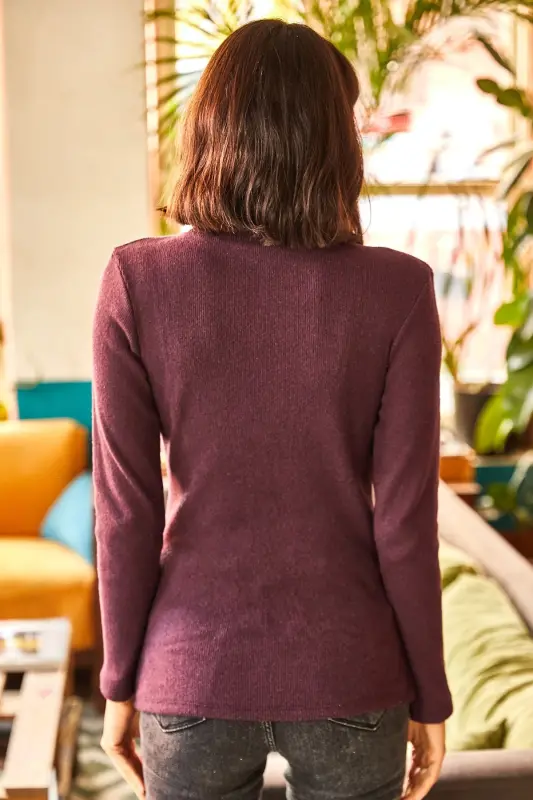 Women's Plum Fisherman's Collar Brushed Ribbed Knit Sweater KZK-19000395-Plum - 5