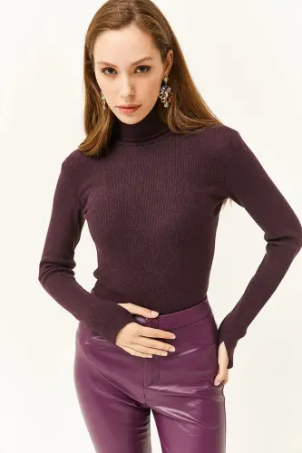 Women's Plum Fisherman's Collar Finger Detailed Lycra Blouse BLZ-19001644-Plum - 5