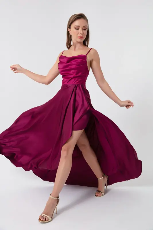 Women's Plum Flounced Slit Satin Evening & Graduation Dress - Plum - LAFABA