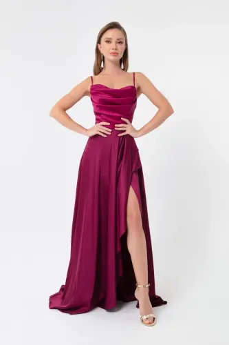 Women's Plum Flounced Slit Satin Evening & Graduation Dress - Plum - LAFABA (1)