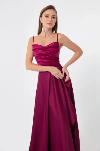 Women's Plum Flounced Slit Satin Evening & Graduation Dress - Plum - 3