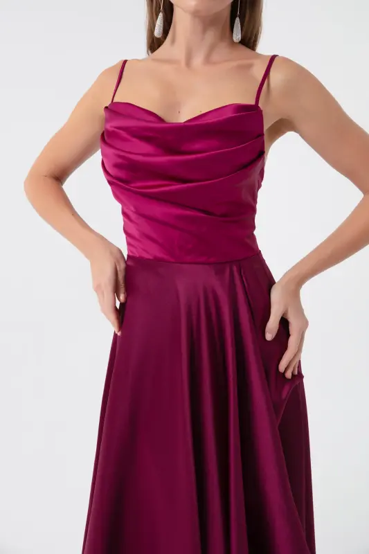 Women's Plum Flounced Slit Satin Evening & Graduation Dress - Plum - 4