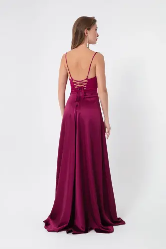 Women's Plum Flounced Slit Satin Evening & Graduation Dress - Plum - 5