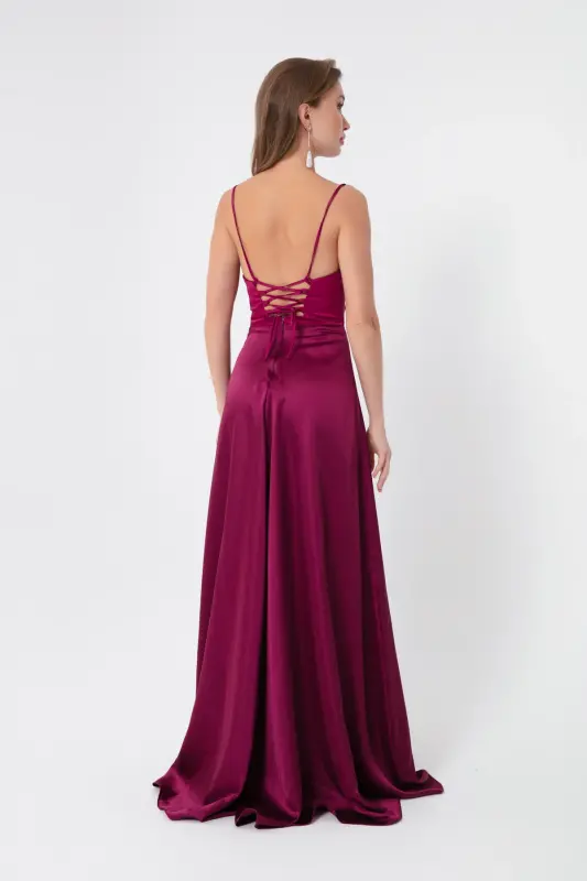 Women's Plum Flounced Slit Satin Evening & Graduation Dress - Plum - 5